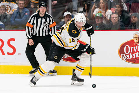 VANCOUVER, BC – FEBRUARY 22: Chrs Wagner #14 of the Boston Bruins skates with the puck during NHL action against the Vancouver Canucks at Rogers Arena on February 22, 2020 in Vancouver, Canada. (Photo by Rich Lam/Getty Images)