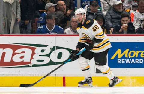 VANCOUVER, BC – FEBRUARY 22: David Krejci #46 of the Boston Bruins skates with the puck during NHL action against the Vancouver Canucks at Rogers Arena on February 22, 2020 in Vancouver, Canada. (Photo by Rich Lam/Getty Images)