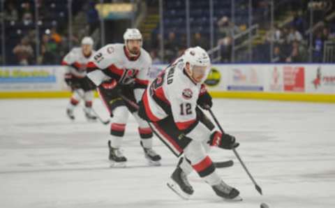 BRIDGEPORT, CT – MARCH 23: Jack Rodewald #12 of the Belleville Senators brings the puck up ice during a game against the Bridgeport Sound Tigers at Webster Bank Arena on March 23, 2019 in Bridgeport, Connecticut. (Photo by Gregory Vasil/Getty Images)