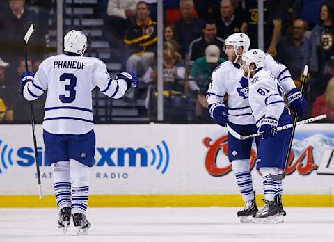 BOSTON, MA – MAY 13: Cody Franson #4 celebrates with teammates Phil Kessel #81 and Dion Phaneuf #3 of the Toronto Maple Leafs . (Photo by Jared Wickerham/Getty Images)