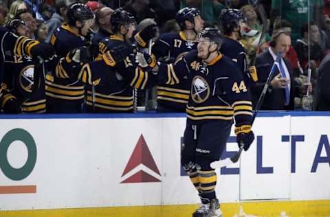 NHL Hockey: Mar 18, 2016; Buffalo, NY, USA; Buffalo Sabres left wing Nicolas Deslauriers (44) celebrates a goal against the Ottawa Senators during the first period at First Niagara Center. Mandatory Credit: Timothy T. Ludwig-USA TODAY Sports