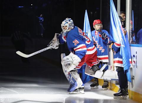 Henrik Lundqvist #30 of the New York Rangers skates out to play in his 1000th NHL game against the Carolina Hurricanes.(Photo by Bruce Bennett/Getty Images)