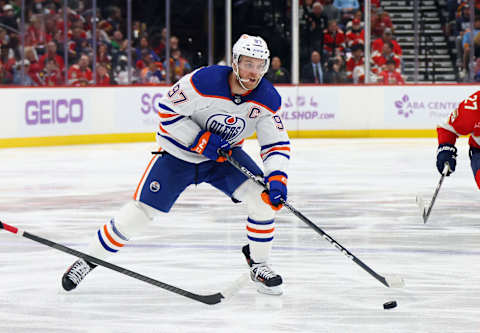 SUNRISE, FLORIDA – NOVEMBER 20: Connor McDavid #97 of the Edmonton Oilers skates against the Florida Panthers at Amerant Bank Arena on November 20, 2023 in Sunrise, Florida. (Photo by Bruce Bennett/Getty Images)