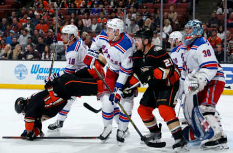 ANAHEIM, CA – JANUARY 23: Corey Perry #10 and Chris Wagner #21 of the Anaheim Ducks battle in front of the net against Marc Staal #18, Brady Skjei #76, and Henrik Lundqvist #30 of the New York Rangers during the game on January 23, 2018 at Honda Center in Anaheim, California. (Photo by Debora Robinson/NHLI via Getty Images)