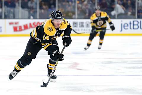 BOSTON, MASSACHUSETTS – OCTOBER 22: Chris Wagner #14 of the Boston Bruins skates against the Toronto Maple Leafs during the first period at TD Garden on October 22, 2019 in Boston, Massachusetts. (Photo by Maddie Meyer/Getty Images)