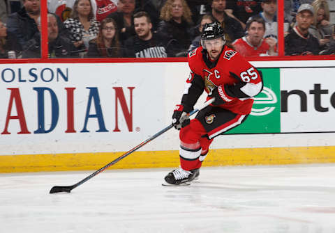 OTTAWA, ON – APRIL 2: Erik Karlsson #65 of the Ottawa Senators stickhandles the puck against the Winnipeg Jets at Canadian Tire Centre on April 2, 2018 in Ottawa, Ontario, Canada. (Photo by Andre Ringuette/NHLI via Getty Images)