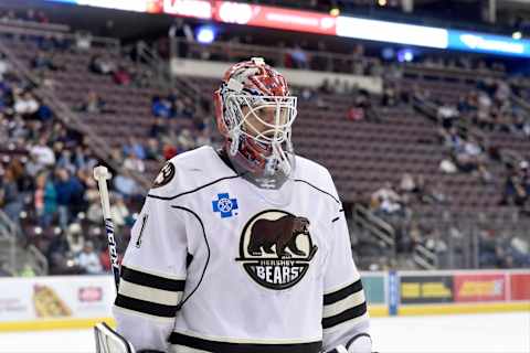 HERSHEY, PA – NOVEMBER 28: Hershey Bears goalie Ilya Samsonov (1) skates to the corner during a stoppage in play during the Wilkes-Barre/Scranton Penguins at Hershey Bears on November 28, 2018 at the Giant Center in Hershey, PA. (Photo by Randy Litzinger/Icon Sportswire via Getty Images)