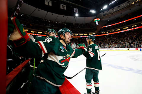 ST PAUL, MINNESOTA – OCTOBER 24: Joel Eriksson Ek #14 of the Minnesota Wild celebrates with teammate Mats Zuccarello #36 after his goal in the third period against the Edmonton Oilers at Xcel Energy Center on October 24, 2023 in St Paul, Minnesota. The Wild defeated the Oilers 7-4. (Photo by David Berding/Getty Images)