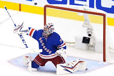 TORONTO, ONTARIO – AUGUST 04: Igor Shesterkin #31 of the New York Rangers makes a save against the Carolina Hurricanes during the first period in Game Three of the Eastern Conference Qualification Round prior to the 2020 NHL Stanley Cup Playoffs at Scotiabank Arena on August 04, 2020 in Toronto, Ontario, Canada. (Photo by Andre Ringuette/Freestyle Photo/Getty Images)