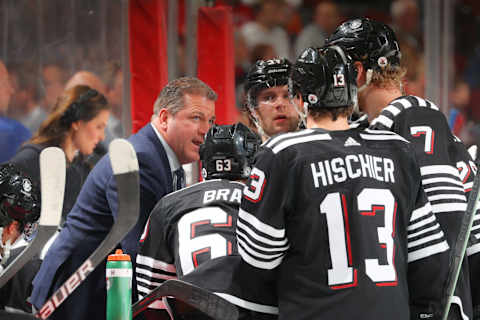 NEWARK, NJ – APRIL 03: New Jersey Devils assistant coach Mark Recchi talks during a time out during the game against the New York Islanders on April 3, 2022 at the Prudential Center in Newark, New Jersey. (Rich Graessle/Getty Images)