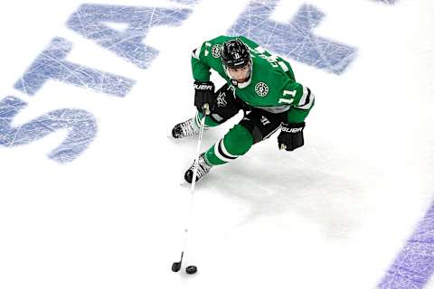 EDMONTON, ALBERTA – SEPTEMBER 25: Andrew Cogliano #11 of the Dallas Stars skates with the puck against the Tampa Bay Lightning during the first period in Game Four of the 2020 NHL Stanley Cup Final at Rogers Place on September 25, 2020, in Edmonton, Alberta, Canada. (Photo by Bruce Bennett/Getty Images)