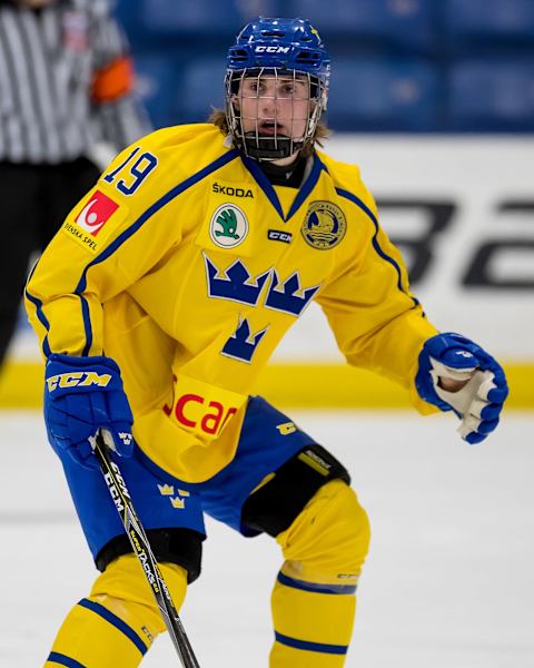 PLYMOUTH, MI – FEBRUARY 15: Nils Hoglander #19 of the Sweden Nationals follows the play against the Finland Nationals during the 2018 Under-18 Five Nations Tournament game at USA Hockey Arena on February 15, 2018 in Plymouth, Michigan. Finland defeated Sweden 5-3. (Photo by Dave Reginek/Getty Images)*** Local Caption *** Nils Hoglander