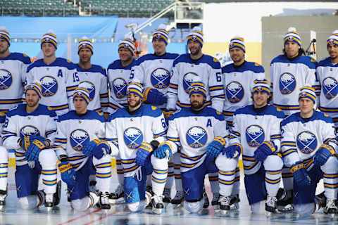 NEW YORK, NY – DECEMBER 31: The Buffalo Sabres pose for a team photo prior to practice at Citi Field on December 31, 2017 in the Flushing neighborhood of the Queens borough of New York City. The team will take part in the 2018 Bridgestone NHL Winter Classic on New Years Day. (Photo by Bruce Bennett/Getty Images)