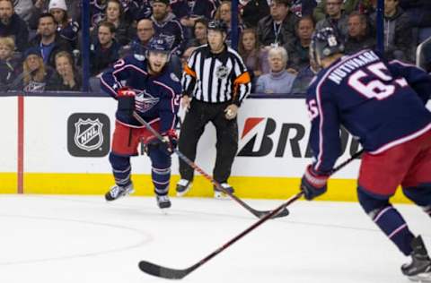 COLUMBUS, OH – APRIL 17: Ryan Murray #27 of the Columbus Blue Jackets looks to pass the puck to Markus Nutivaara #65 of the Columbus Blue Jackets during game 3 in the First Round of the Stanley Cup Playoffs at Nationwide Arena in Columbus, Ohio on April 17, 2018. Washington Capitals won 3-2 in double overtime. (Photo by Jason Mowry/Icon Sportswire via Getty Images)