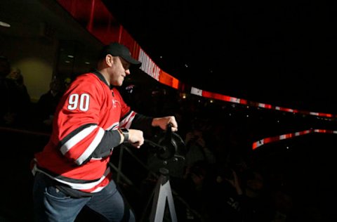 RALEIGH, NORTH CAROLINA – FEBRUARY 25: Dave Ayres sounds the warning siren during the game between the Dallas Stars and Carolina Hurricanes at PNC Arena on February 25, 2020, in Raleigh, North Carolina. Ayres, in emergency relief, recorded eight saves, the win, and first-star honors in his National Hockey League debut with the Carolina Hurricanes in their game against the Toronto Maple Leafs on February 22. (Photo by Grant Halverson/Getty Images)