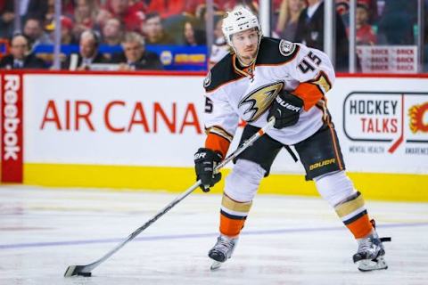 Feb 15, 2016; Calgary, Alberta, CAN; Anaheim Ducks defenseman Sami Vatanen (45) controls the puck against the Calgary Flames during the second period at Scotiabank Saddledome. Mandatory Credit: Sergei Belski-USA TODAY Sports