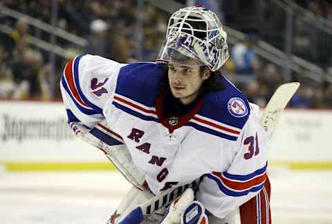 Feb 26, 2022; Pittsburgh, Pennsylvania, USA; New York Rangers goaltender Igor Shesterkin (31) returns to the net after a time-out against the Pittsburgh Penguins during the third period at PPG Paints Arena. The Penguins shutout the Rangers 1-0. Mandatory Credit: Charles LeClaire-USA TODAY Sports