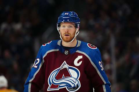 May 3, 2022; Denver, Colorado, USA; Colorado Avalanche left wing Gabriel Landeskog (92) during the third period of game one against the Nashville Predators of the first round of the 2022 Stanley Cup Playoffs at Ball Arena. Mandatory Credit: Ron Chenoy-USA TODAY Sports