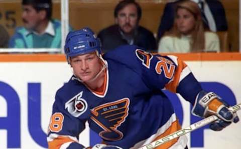 TORONTO, ON – OCTOBER 7: Bob Bassen #28 of the St. Louis Blues skates up ice during NHL game action against the Toronto Maple Leafs at Maple Leaf Gardens in Toronto, Ontario, Canada on October 7, 1991. (Photo by Graig Abel Collection/Getty Images) )