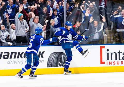 TORONTO, ON – FEBRUARY 11: Kasperi Kapanen #24 of the Toronto Maple Leafs celebrates his game winning goal . (Photo by Mark Blinch/NHLI via Getty Images)