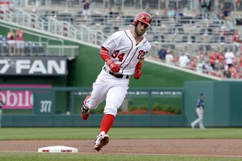 Jul 6, 2016; Washington, DC, USA; Washington Nationals right fielder Bryce Harper (34) rounds third base after hitting a three-run home run during the first inning off Milwaukee Brewers starting pitcher Matt Garza (not pictured) during the first inning at Nationals Park. Mandatory Credit: Tommy Gilligan-USA TODAY Sports