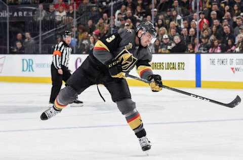 LAS VEGAS, NV – DECEMBER 17: Brayden McNabb #3 of the Vegas Golden Knights shoots the puck against the Florida Panthers during the game at T-Mobile Arena on December 17, 2017, in Las Vegas, Nevada. (Photo by Jeff Bottari/NHLI via Getty Images)