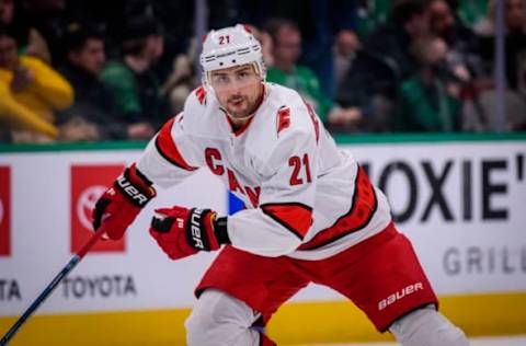 Feb 11, 2020; Dallas, Texas, USA; Carolina Hurricanes right wing Nino Niederreiter (21) in action during the game between the Stars and the Hurricanes at the American Airlines Center. Mandatory Credit: Jerome Miron-USA TODAY Sports