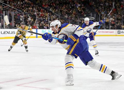 LAS VEGAS, NEVADA – FEBRUARY 01: Tage Thompson #72 of the Buffalo Sabres takes a shot against the Vegas Golden Knights in the third period of their game at T-Mobile Arena on February 1, 2022 in Las Vegas, Nevada. The Golden Knights defeated the Sabres 5-2. (Photo by Ethan Miller/Getty Images)