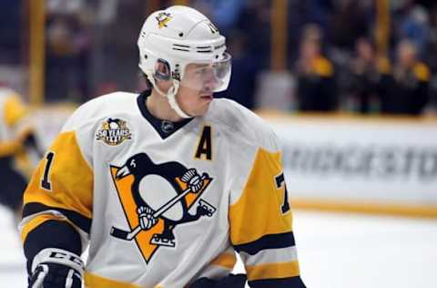 Oct 22, 2016; Nashville, TN, USA; Pittsburgh Penguins center Evgeni Malkin (71) skates during warmups prior to the game against the Nashville Predators at Bridgestone Arena. Mandatory Credit: Christopher Hanewinckel-USA TODAY Sports