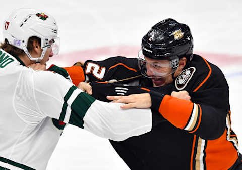 ANAHEIM, CA – NOVEMBER 09: Anaheim Ducks defenseman Luke Schenn (2) exchanges punches with Minnesota Wild leftwing Marcus Foligno (17) in the first period of a game played on November 11, 2018, at the Honda Center in Anaheim, CA. (Photo by John Cordes/Icon Sportswire via Getty Images)