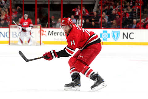 RALEIGH, NC – MARCH 4: Jaccob Slavin #74 of the Carolina Hurricanes shoots the puck during an NHL game against the Winnipeg Jets on March 4, 2018 at PNC Arena in Raleigh, North Carolina. (Photo by Gregg Forwerck/NHLI via Getty Images)