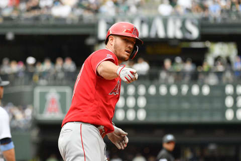 SEATTLE, WASHINGTON – JUNE 19: Mike Trout #27 of the Los Angeles Angels gestures after hitting a two-run home run in the fourth inning against the Seattle Mariners at T-Mobile Park on June 19, 2022 in Seattle, Washington. (Photo by Alika Jenner/Getty Images)