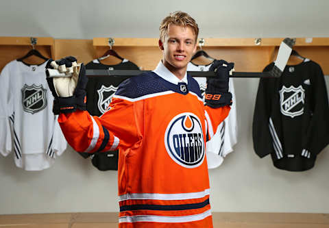 VANCOUVER, BRITISH COLUMBIA – JUNE 21: Philip Broberg, eighth overall pick of the Edmonton Oilers, poses for a portrait during the first round of the 2019 NHL Draft at Rogers Arena on June 21, 2019 in Vancouver, Canada. (Photo by Andre Ringuette/NHLI via Getty Images)