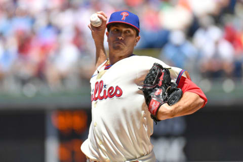 Jun 5, 2022; Philadelphia, Pennsylvania, USA; Philadelphia Phillies starting pitcher Kyle Gibson (44) throws a pitch during the second inning against the Los Angeles Angels at Citizens Bank Park. Mandatory Credit: Eric Hartline-USA TODAY Sports