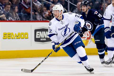 WINNIPEG, MB – FEBRUARY 11: Erik Condra #22 of the Tampa Bay Lightning keeps an eye on the play during second period action against the Winnipeg Jets at the MTS Centre on February 11, 2017 in Winnipeg, Manitoba, Canada. The Bolts defeated the Jets 4-1. (Photo by Jonathan Kozub/NHLI via Getty Images)