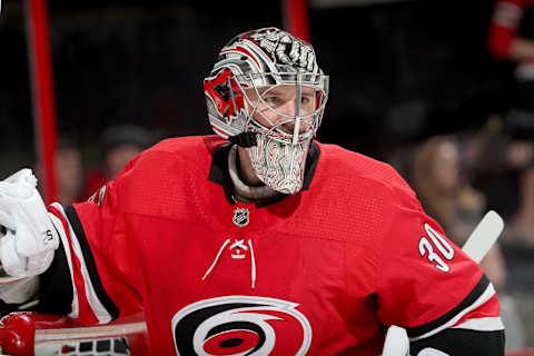 RALEIGH, NC – APRIL 7: Cam Ward #30 of the Carolina Hurricanes slates out of the crease during a timeout of a game against the Tampa Bay Lightning on April 7, 2018 at PNC Arena in Raleigh, North Carolina. (Photo by Gregg Forwerck/NHLI via Getty Images)