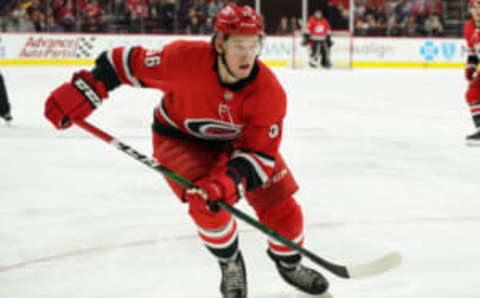 RALEIGH, NC – OCTOBER 29: Carolina Hurricanes Center Erik Haula (56) skates after the puck during a game between the Calgary Flames and the Carolina Hurricanes at the PNC Arena in Raleigh, NC on October 29, 2019. (Photo by Greg Thompson/Icon Sportswire via Getty Images)