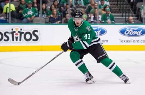 May 1, 2016; Dallas, TX, USA; Dallas Stars right wing Valeri Nichushkin (43) skates against the St. Louis Blues during game two of the first round of the 2016 Stanley Cup Playoffs at the American Airlines Center. The Blues win 4-3 in overtime. Mandatory Credit: Jerome Miron-USA TODAY Sports