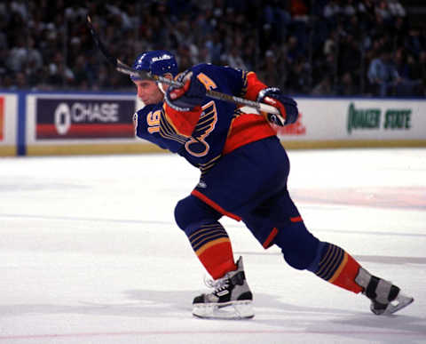 2000 Season: Brett Hull of the Blues doing what he does best, shooting the puck. (Photo by Bruce Bennett Studios via Getty Images Studios/Getty Images)