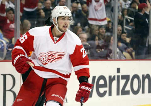 Feb 18, 2016; Pittsburgh, PA, USA; Detroit Red Wings right wing Tomas Jurco (26) reacts after scoring a goal against the Pittsburgh Penguins during the first period at the CONSOL Energy Center. Mandatory Credit: Charles LeClaire-USA TODAY Sports