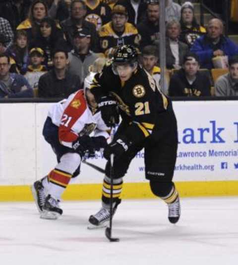 Dec 12, 2015; Boston, MA, USA; Boston Bruins left wing Loui Eriksson (21) controls the puck during the first period against the Florida Panthers at TD Garden. Mandatory Credit: Bob DeChiara-USA TODAY Sports