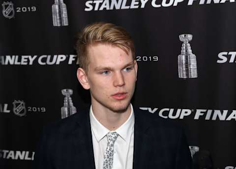 ST LOUIS, MISSOURI – JUNE 03: National Hockey League prospect Bowen Byram speaks with the media at Enterprise Center on June 03, 2019 in St Louis, Missouri. (Photo by Bruce Bennett/Getty Images)