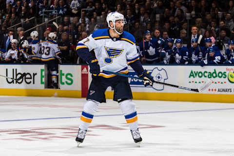 TORONTO, ON – OCTOBER 20: Pat Maroon #7 of the St. Louis Blues skates against the Toronto Maple Leafs during the first period at the Scotiabank Arena on October 20, 2018 in Toronto, Ontario, Canada. (Photo by Kevin Sousa/NHLI via Getty Images)