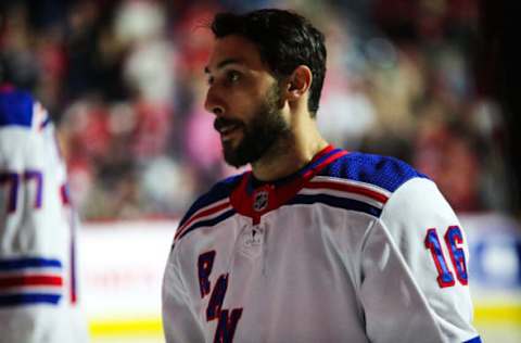 RALEIGH, NC – MARCH 23: Vincent Trocheck #16 of the New York Rangers looks on before the first period of the game against the Carolina Hurricanes at PNC Arena on March 23, 2023, in Raleigh, North Carolina. Rangers win over Hurricanes 2-1. (Photo by Jaylynn Nash/Getty Images)