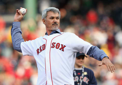 BOSTON – OCTOBER 13: Former Boston Red Sox great, Dwight Evans throws out the first pitch before game three of the American League Championship Series against the Tampa Bay Rays during the 2008 MLB playoffs at Fenway Park on October 13, 2008 in Boston, Massachusetts. (Photo by Elsa/Getty Images)