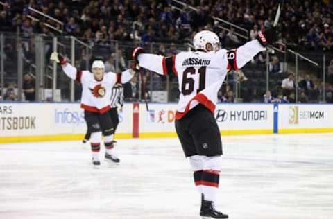 Derick Brassard of the Ottawa Senators celebrates his second goal of the game against the New York Rangers on March 02, 2023 | Photo by Bruce Bennett for Getty Images