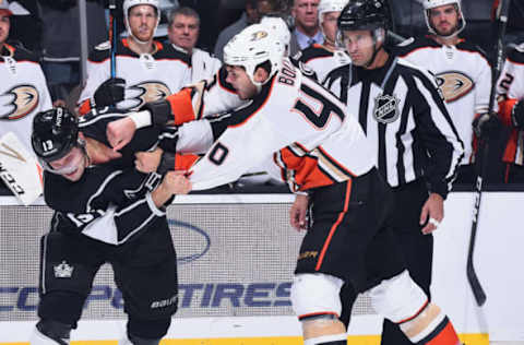 LOS ANGELES, CA – SEPTEMBER 30: Kyle Clifford #13 of the Los Angeles Kings battles in a fight against Jared Boll #40 of the Anaheim Ducks on September 30, 2017. (Photo by Juan Ocampo/NHLI via Getty Images)