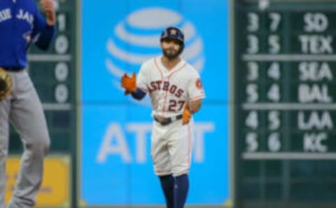 HOUSTON, TX – JUNE 25: Houston Astros second baseman Jose Altuve (27) doubles to right in the bottom of the first inning during the baseball game between the Toronto Blue Jays and Houston Astros on June 25, 2018 at Minute Maid Park in Houston, Texas. (Photo by Leslie Plaza Johnson/Icon Sportswire via Getty Images)