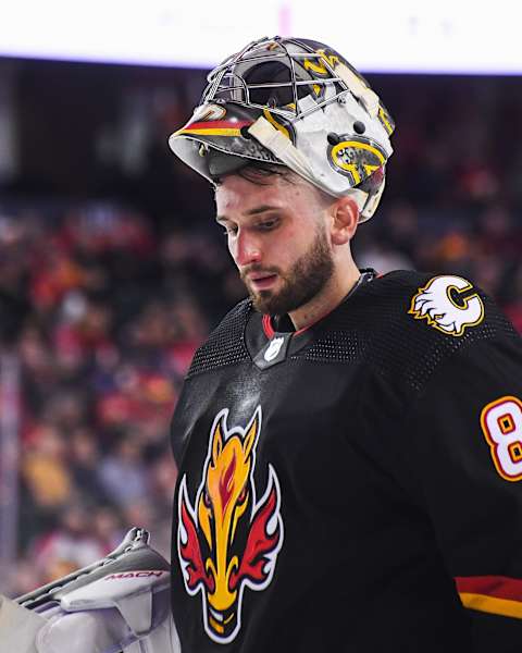 CALGARY, CANADA – NOVEMBER 29: Daniel Vladar #80 of the Calgary Flames in action against the Florida Panthers during an NHL game at Scotiabank Saddledome on November 29, 2022 in Calgary, Alberta, Canada. The Flames defeated the Panthers 6-2. (Photo by Derek Leung/Getty Images)