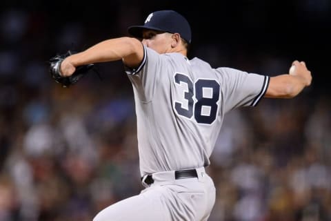 May 16, 2016; Phoenix, AZ, USA; New York Yankees starting pitcher Chad Green (38) pitches during the third inning against the New York Yankees at Chase Field. Mandatory Credit: Joe Camporeale-USA TODAY Sports